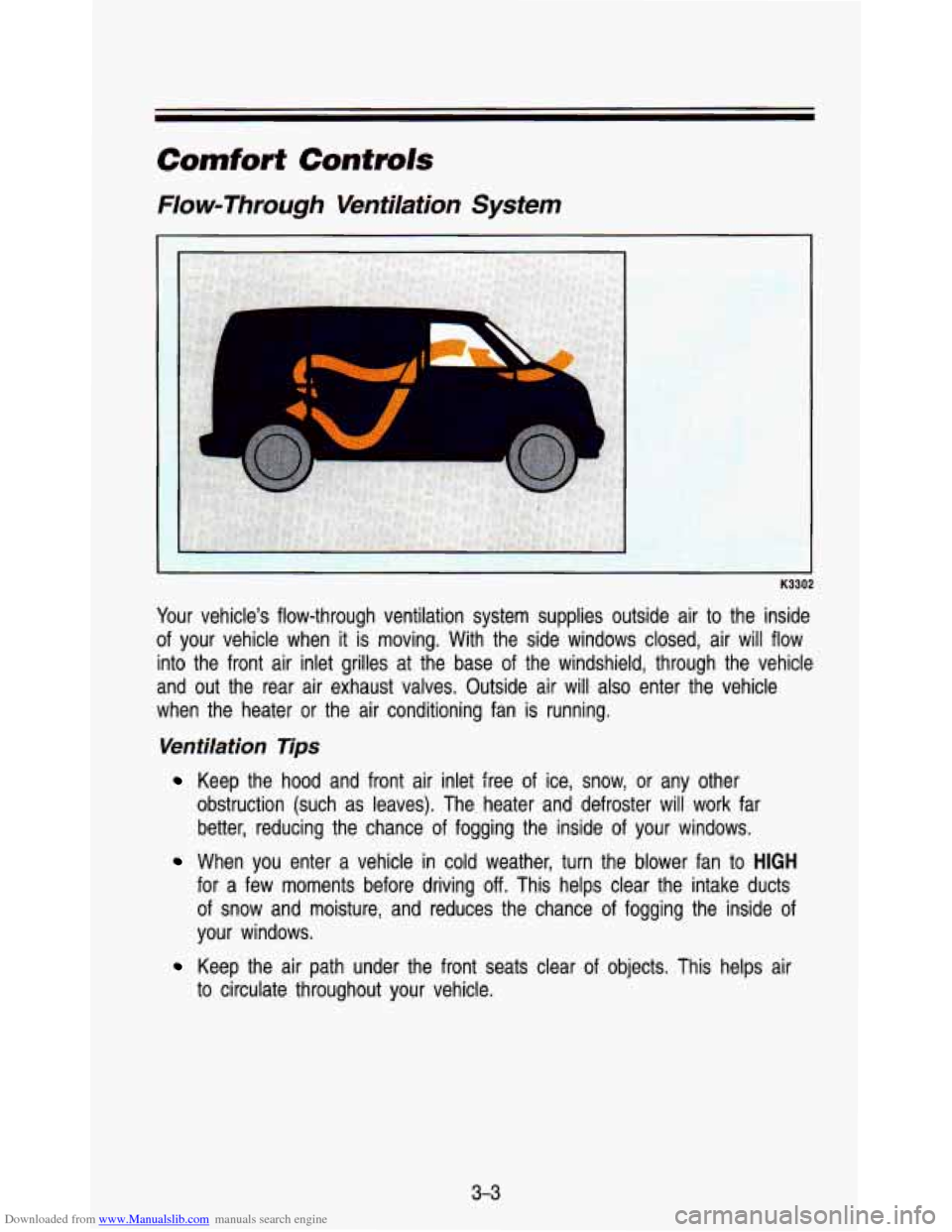 CHEVROLET ASTRO PASSENGER 1993 1.G Owners Manual Downloaded from www.Manualslib.com manuals search engine Comfort Controls 
Flow-Through  Ventilation  System 
K3302 
Your vehicles  flow-through  ventilation  system  supplies  outside  air  to\
  th
