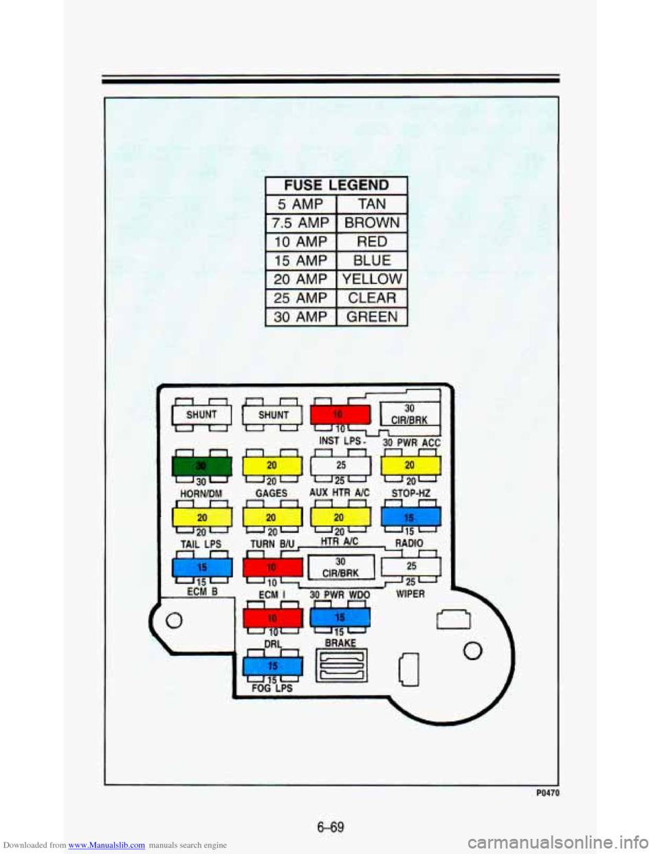 CHEVROLET ASTRO PASSENGER 1993 1.G Owners Manual Downloaded from www.Manualslib.com manuals search engine lo 1 
I RNA II 
I I 
- TURN smzi.I, RADIO 
ECM B ECM I 30 PWR WDO  WIPER 
.- 
1-- 
[IIII 
PO470 
6-69   