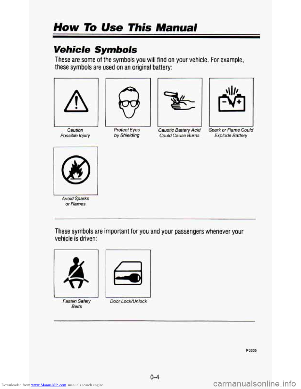CHEVROLET ASTRO PASSENGER 1993 1.G Owners Manual Downloaded from www.Manualslib.com manuals search engine How To Use This Manual 
Vehicle Symbo/s 
These  are  some of the symbols  you will find on your  vehicle. For example, 
these symbols are used 