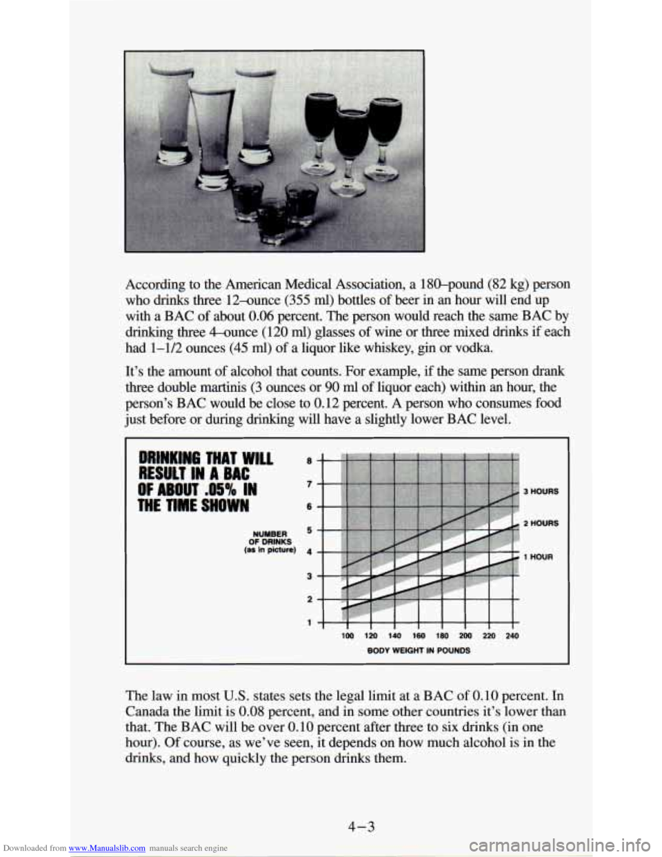 CHEVROLET ASTRO PASSENGER 1994 1.G Owners Manual Downloaded from www.Manualslib.com manuals search engine 1 (82 kg 
According  to  the  American  Medical  Association,  a 180-pounc ;) person 
who  drinks  three  12-ounce 
(355 ml) bottles of  beer  