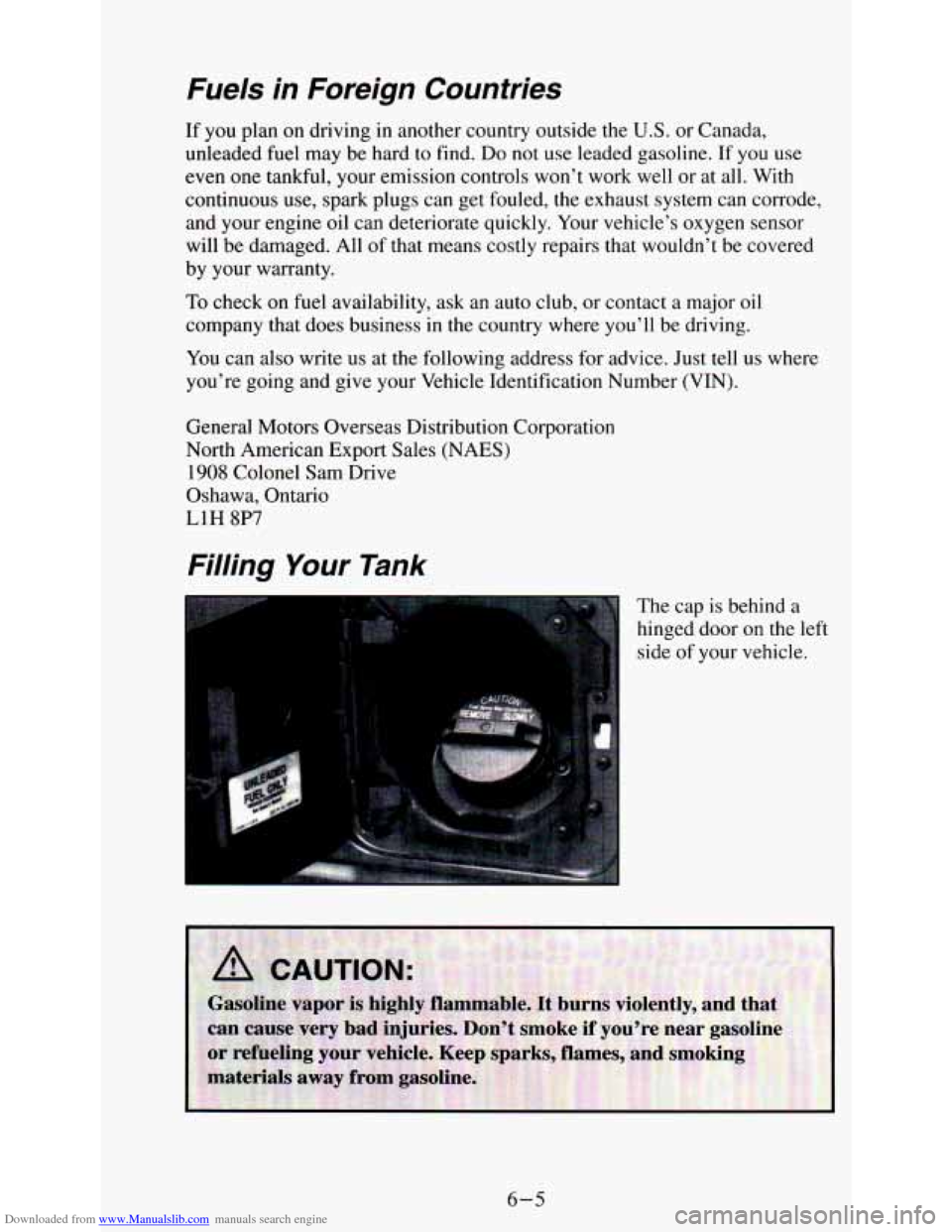 CHEVROLET ASTRO PASSENGER 1994 1.G Owners Guide Downloaded from www.Manualslib.com manuals search engine Fuels  in  Foreign  Countries 
If  you  plan  on driving in another  country  outside the U.S. or Canada, 
unleaded  fuel may  be  hard 
to fin