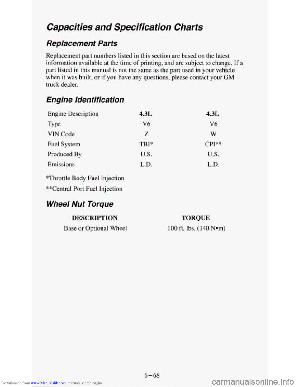 CHEVROLET ASTRO PASSENGER 1994 1.G Owners Manual Downloaded from www.Manualslib.com manuals search engine Capacities  and  Specification  Charts 
Replacement  Parts 
Replacement  part  numbers listed in  this  section  are  based  on  the  latest 
i