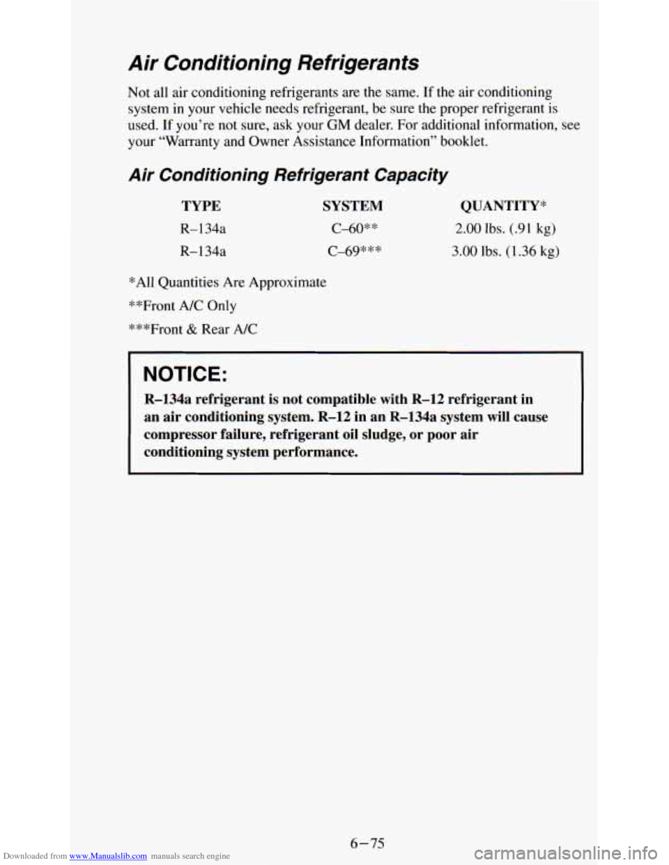 CHEVROLET ASTRO PASSENGER 1994 1.G Owners Manual Downloaded from www.Manualslib.com manuals search engine Air Conditioning Refrigerants
Not all air conditioning refrigerants are the same. If the air conditioning
system in your vehicle CHEVROLET ASTRO PASSENGER 1994 1.G Owners Manual Downloaded from www.Manualslib.com manuals search engine Air Conditioning Refrigerants
Not all air conditioning refrigerants are the same. If the air conditioning
system in your vehicle