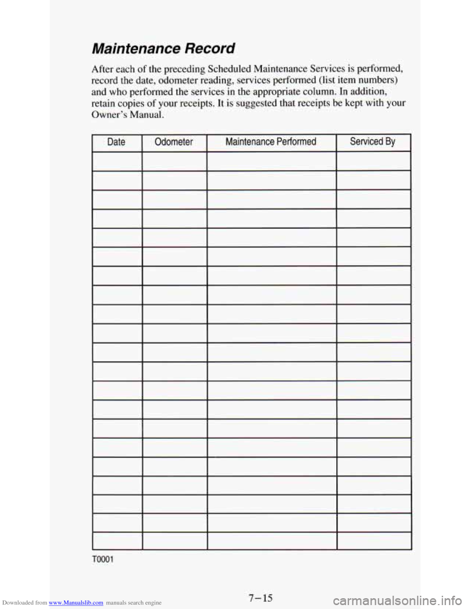 CHEVROLET ASTRO PASSENGER 1994 1.G Owners Manual Downloaded from www.Manualslib.com manuals search engine Maintenance Record
After each of the preceding Scheduled Maintenance Services is performed,
record the date, odometer reading, s CHEVROLET ASTRO PASSENGER 1994 1.G Owners Manual Downloaded from www.Manualslib.com manuals search engine Maintenance Record
After each of the preceding Scheduled Maintenance Services is performed,
record the date, odometer reading, s