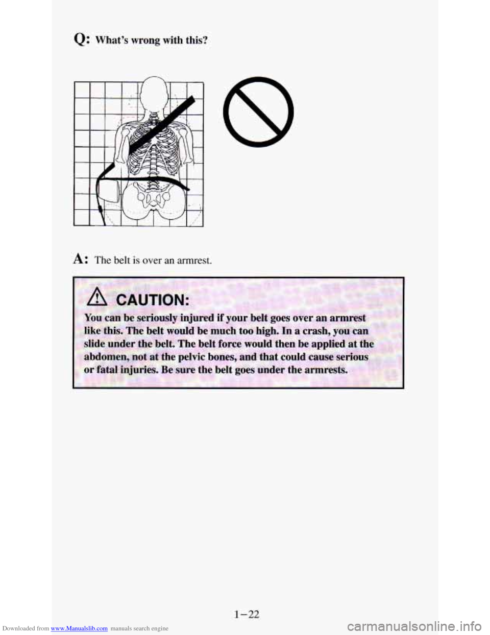 CHEVROLET ASTRO PASSENGER 1994 1.G Owners Guide Downloaded from www.Manualslib.com manuals search engine Q: What’s  wrong  with this? 
A: The belt is over an armrest. 
1-22   