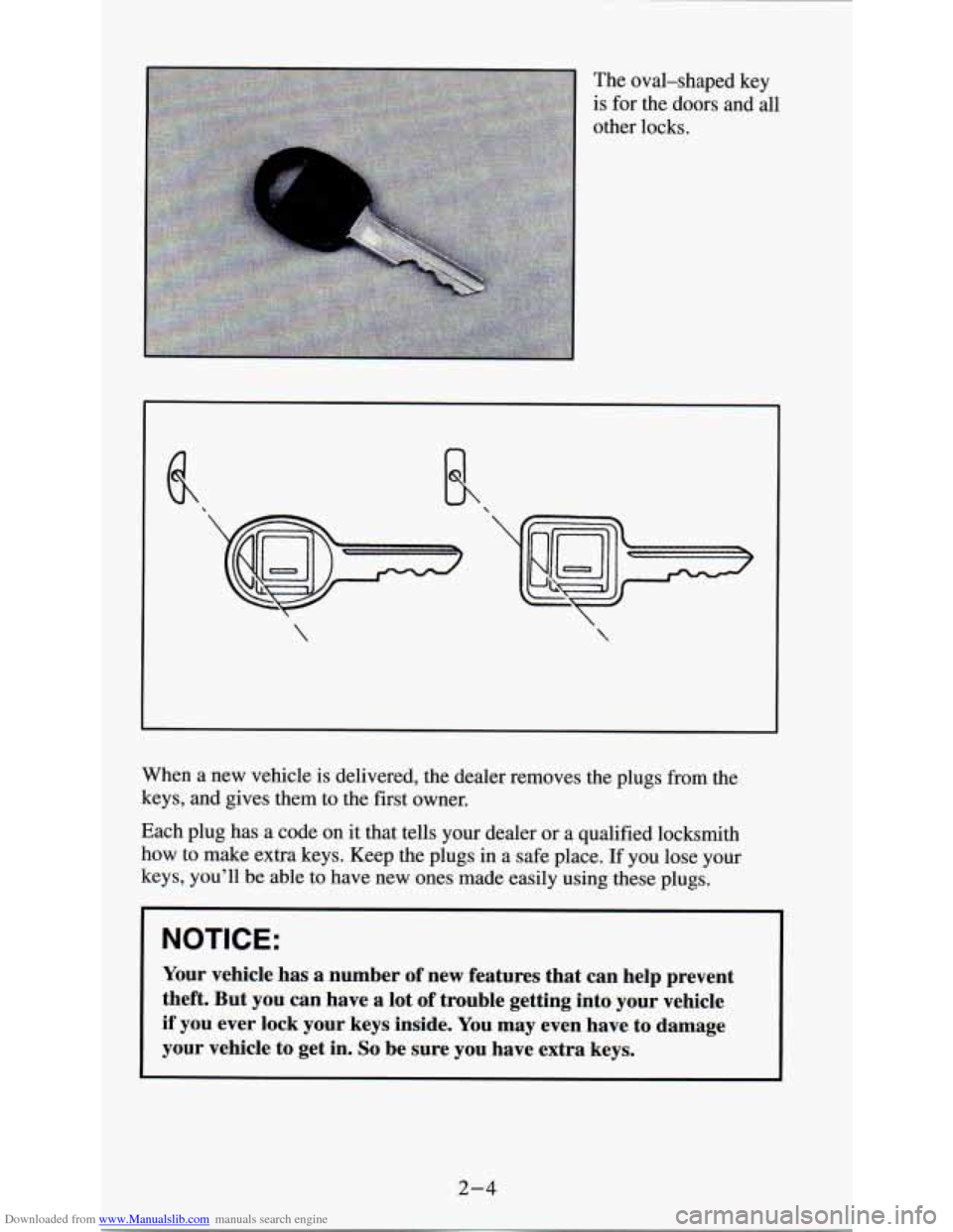 CHEVROLET ASTRO PASSENGER 1994 1.G Repair Manual Downloaded from www.Manualslib.com manuals search engine The oval-shaped key
is for the doors and all
other locks.
K.
When a new vehicle is delivered, the dealer removes the plug CHEVROLET ASTRO PASSENGER 1994 1.G Repair Manual Downloaded from www.Manualslib.com manuals search engine The oval-shaped key
is for the doors and all
other locks.
K.
When a new vehicle is delivered, the dealer removes the plug