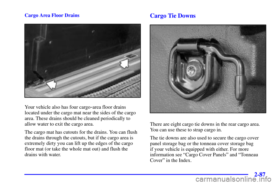 CHEVROLET AVALANCHE 2002 1.G Owners Manual 2-87
Cargo Area Floor Drains
Your vehicle also has four cargo-area floor drains
located under the cargo mat near the sides of the cargo
area. These drains should be cleaned periodically to
allow water