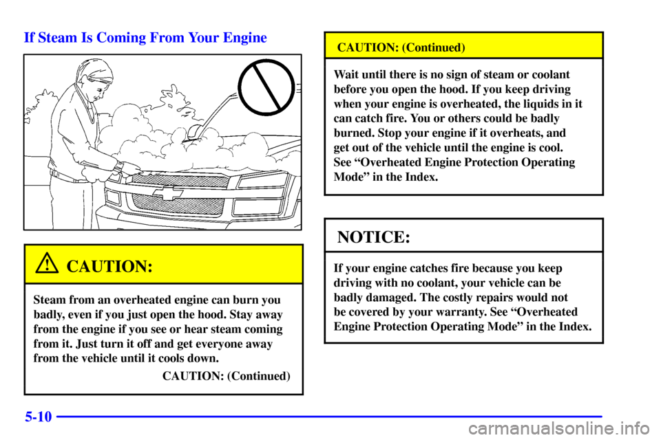 CHEVROLET AVALANCHE 2002 1.G Owners Manual 5-10 If Steam Is Coming From Your Engine
CAUTION:
Steam from an overheated engine can burn you
badly, even if you just open the hood. Stay away
from the engine if you see or hear steam coming
from it.