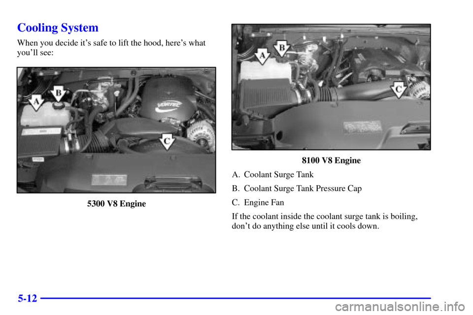 CHEVROLET AVALANCHE 2002 1.G Owners Manual 5-12
Cooling System
When you decide its safe to lift the hood, heres what
youll see:
5300 V8 Engine
8100 V8 Engine
A. Coolant Surge Tank
B. Coolant Surge Tank Pressure Cap
C. Engine Fan
If the cool