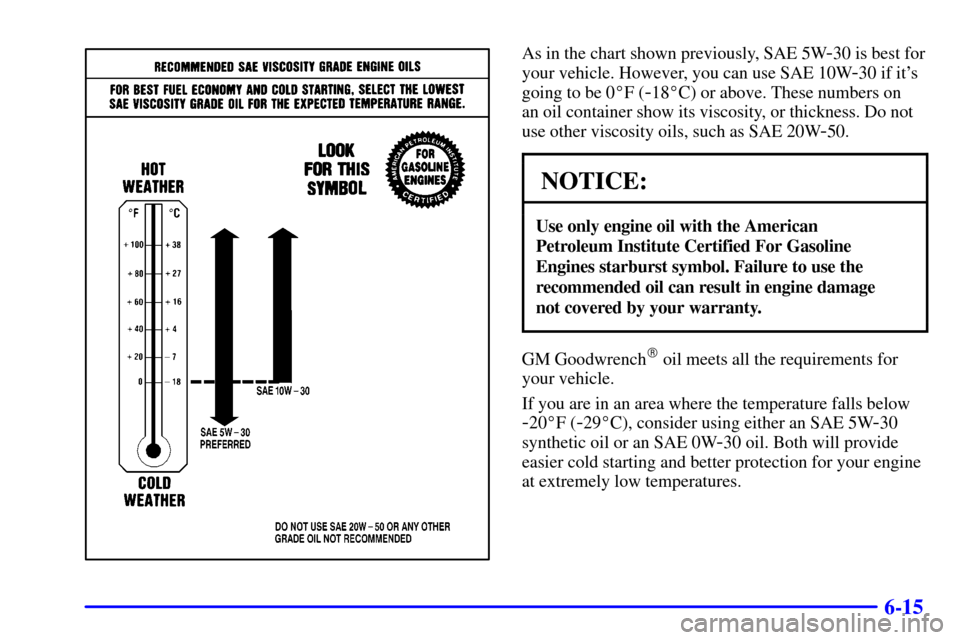 CHEVROLET AVALANCHE 2002 1.G Owners Manual 6-15
As in the chart shown previously, SAE 5W-30 is best for
your vehicle. However, you can use SAE 10W
-30 if its
going to be 0F (
-18C) or above. These numbers on 
an oil container show its visco