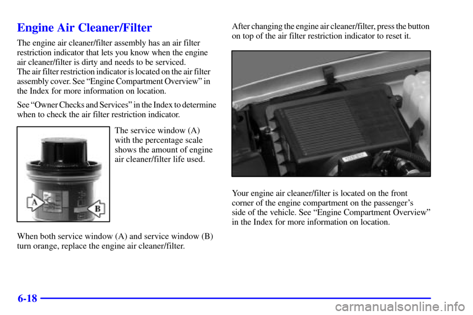 CHEVROLET AVALANCHE 2002 1.G Owners Manual 6-18
Engine Air Cleaner/Filter
The engine air cleaner/filter assembly has an air filter
restriction indicator that lets you know when the engine 
air cleaner/filter is dirty and needs to be serviced. 