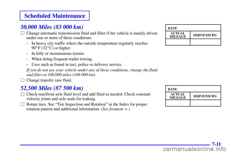 CHEVROLET AVALANCHE 2002 1.G Owners Manual Scheduled Maintenance
7-11
50,000 Miles (83 000 km)
Change automatic transmission fluid and filter if the vehicle is mainly driven
under one or more of these conditions:
± In heavy city traffic wher