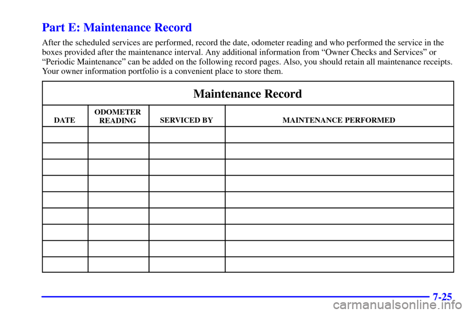 CHEVROLET AVALANCHE 2002 1.G Owners Manual 7-25
Part E: Maintenance Record
After the scheduled services are performed, record the date, odometer reading and who performed the service in the
boxes provided after the maintenance interval. Any ad