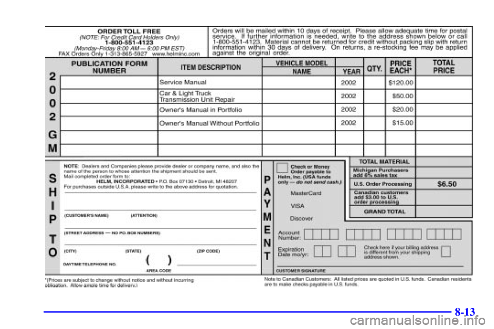 CHEVROLET AVALANCHE 2002 1.G Owners Manual 8-13 