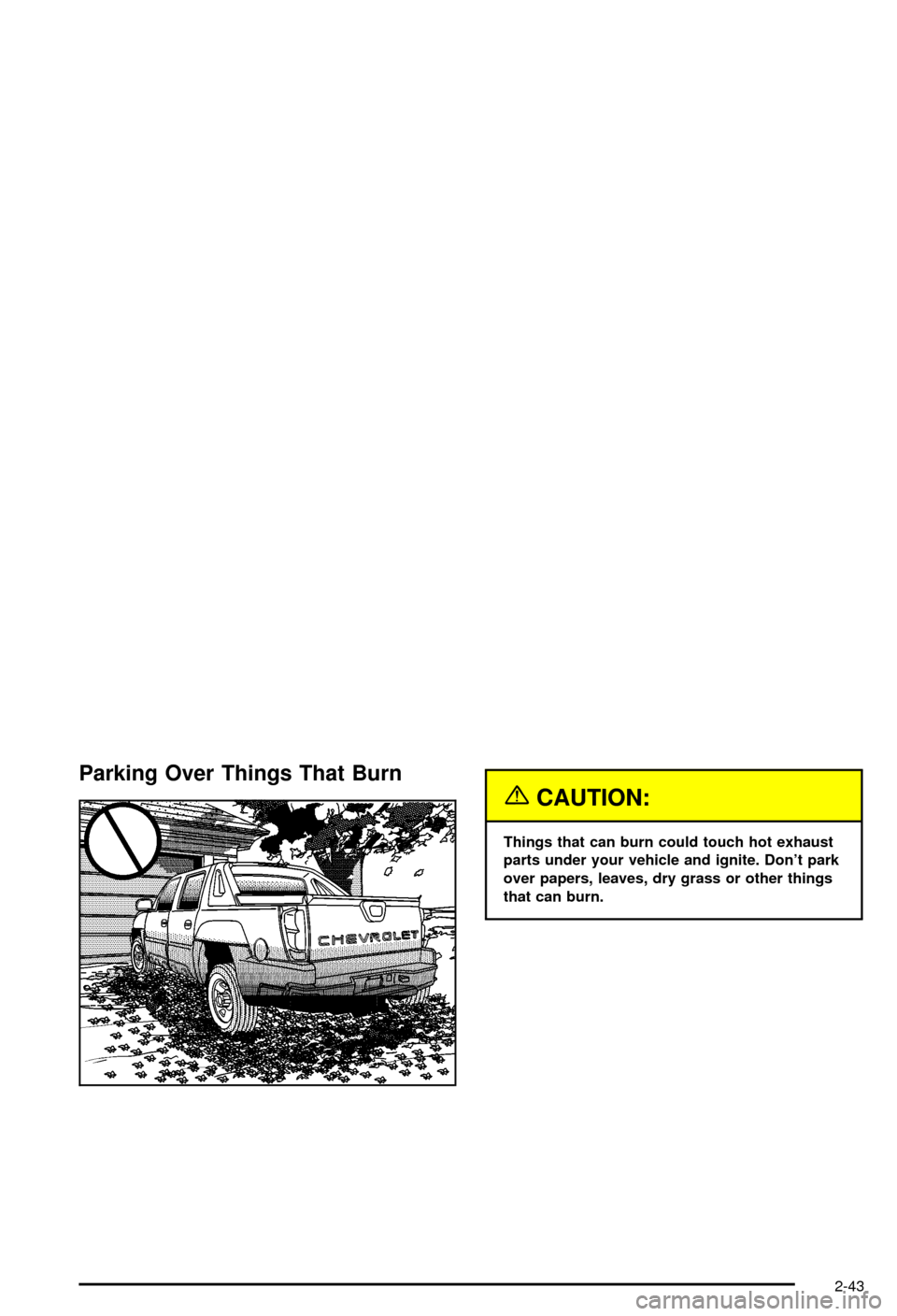 CHEVROLET AVALANCHE 2003 1.G Owners Manual Parking Over Things That Burn
{CAUTION:
Things that can burn could touch hot exhaust
parts under your vehicle and ignite. Dont park
over papers, leaves, dry grass or other things
that can burn.
2-43 CHEVROLET AVALANCHE 2003 1.G Owners Manual Parking Over Things That Burn
{CAUTION:
Things that can burn could touch hot exhaust
parts under your vehicle and ignite. Dont park
over papers, leaves, dry grass or other things
that can burn.
2-43