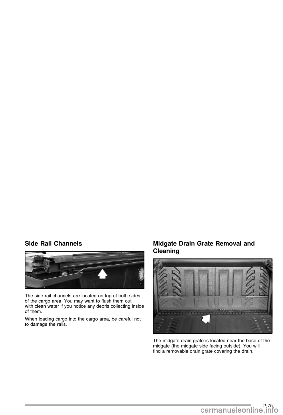 CHEVROLET AVALANCHE 2003 1.G Owners Manual Side Rail Channels
The side rail channels are located on top of both sides
of the cargo area. You may want to ¯ush them out
with clean water if you notice any debris collecting inside
of them.
When l