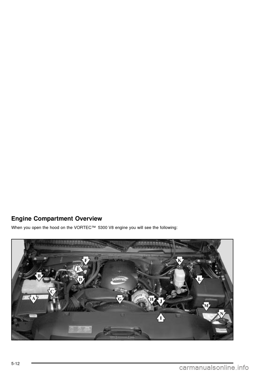 CHEVROLET AVALANCHE 2003 1.G Owners Manual Engine Compartment Overview
When you open the hood on the VORTECŸ 5300 V8 engine you will see the following:
5-12 