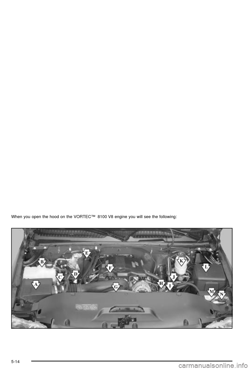 CHEVROLET AVALANCHE 2003 1.G Owners Manual When you open the hood on the VORTECŸ 8100 V8 engine you will see the following:
5-14 