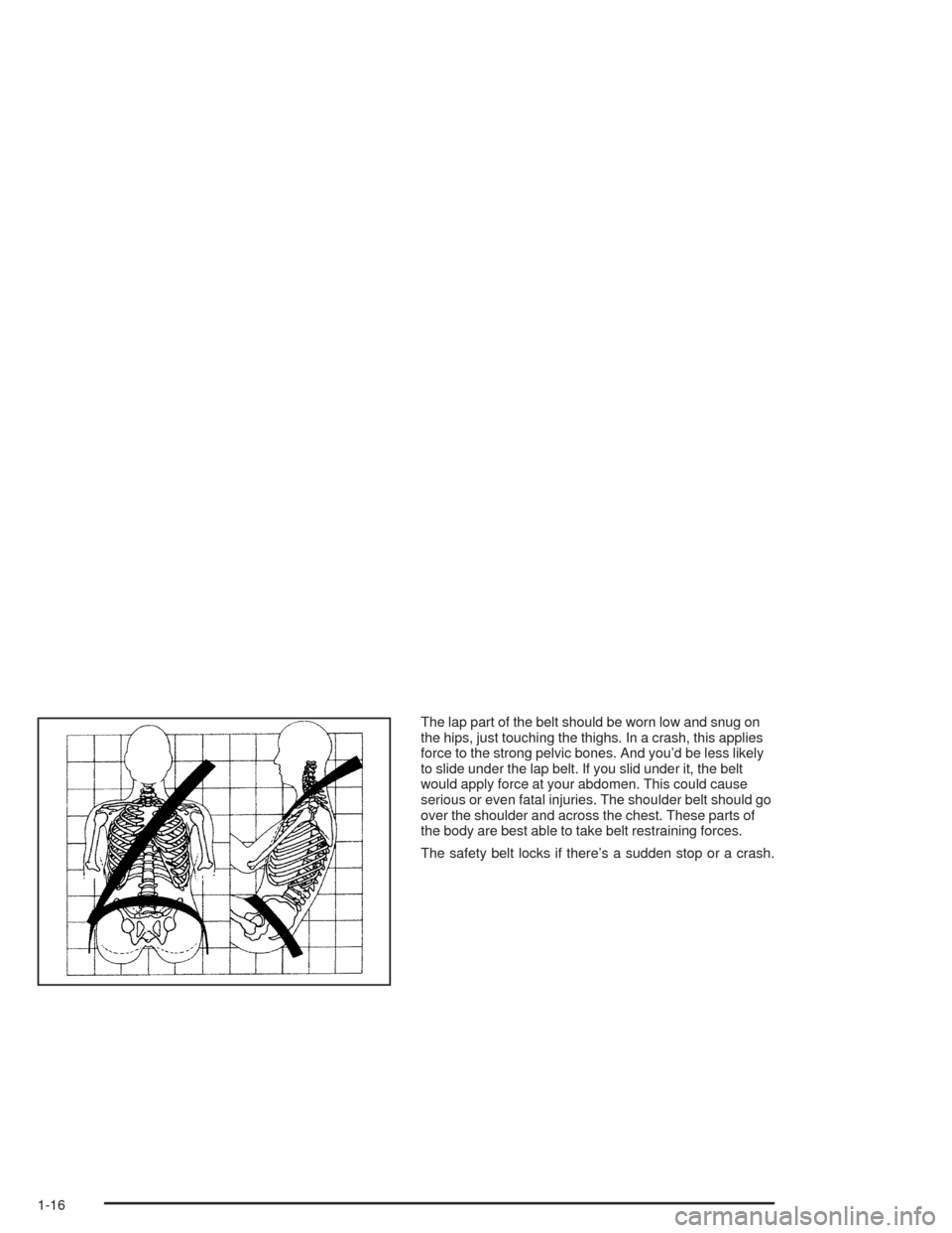CHEVROLET AVALANCHE 2004 1.G Owners Manual The lap part of the belt should be worn low and snug on
the hips, just touching the thighs. In a crash, this applies
force to the strong pelvic bones. And you’d be less likely
to slide under the lap