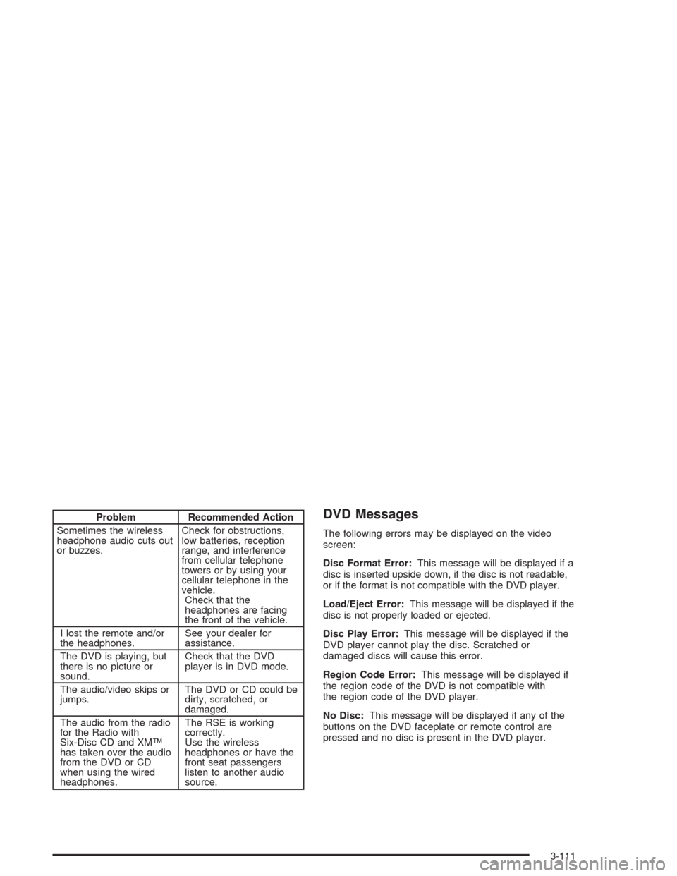 CHEVROLET AVALANCHE 2004 1.G User Guide Problem Recommended Action
Sometimes the wireless
headphone audio cuts out
or buzzes.Check for obstructions,
low batteries, reception
range, and interference
from cellular telephone
towers or by using