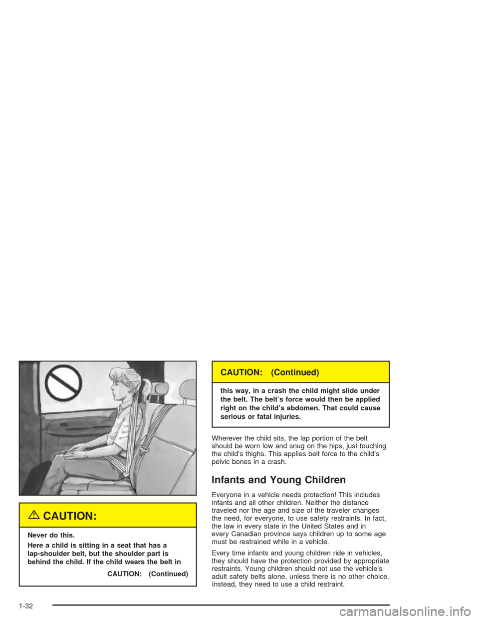 CHEVROLET AVALANCHE 2004 1.G Owners Manual {CAUTION:
Never do this.
Here a child is sitting in a seat that has a
lap-shoulder belt, but the shoulder part is
behind the child. If the child wears the belt in
CAUTION: (Continued)
CAUTION: (Contin