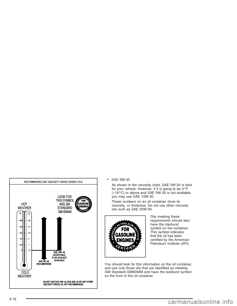 CHEVROLET AVALANCHE 2004 1.G Owners Manual SAE 5W-30
As shown in the viscosity chart, SAE 5W-30 is best
for your vehicle. However, if it is going to be 0°F
(–18°C) or above and SAE 5W-30 is not available,
you may use SAE 10W-30.
These num CHEVROLET AVALANCHE 2004 1.G Owners Manual SAE 5W-30
As shown in the viscosity chart, SAE 5W-30 is best
for your vehicle. However, if it is going to be 0°F
(–18°C) or above and SAE 5W-30 is not available,
you may use SAE 10W-30.
These num