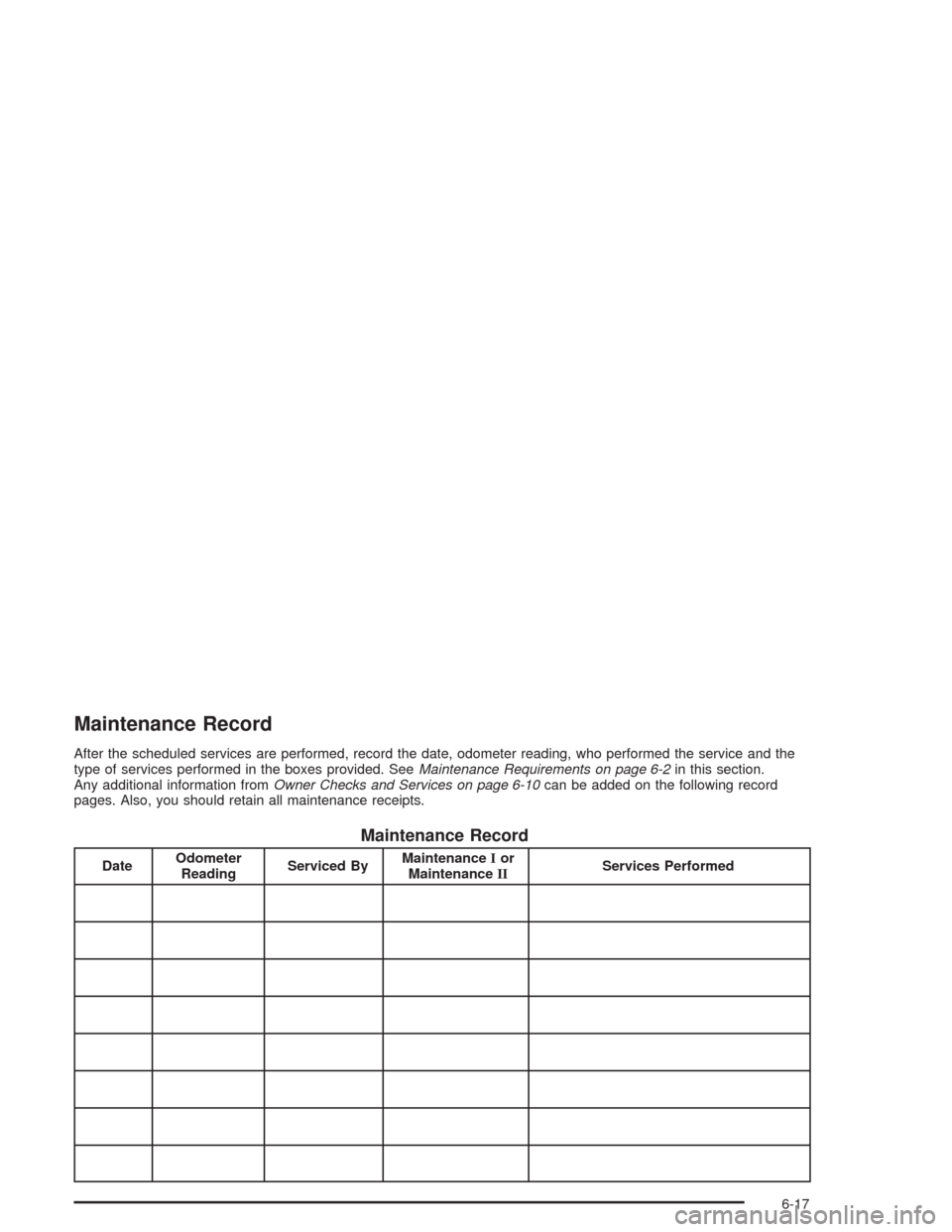 CHEVROLET AVALANCHE 2004 1.G Owners Manual Maintenance Record
After the scheduled services are performed, record the date, odometer reading, who performed the service and the
type of services performed in the boxes provided. SeeMaintenance Req CHEVROLET AVALANCHE 2004 1.G Owners Manual Maintenance Record
After the scheduled services are performed, record the date, odometer reading, who performed the service and the
type of services performed in the boxes provided. SeeMaintenance Req
