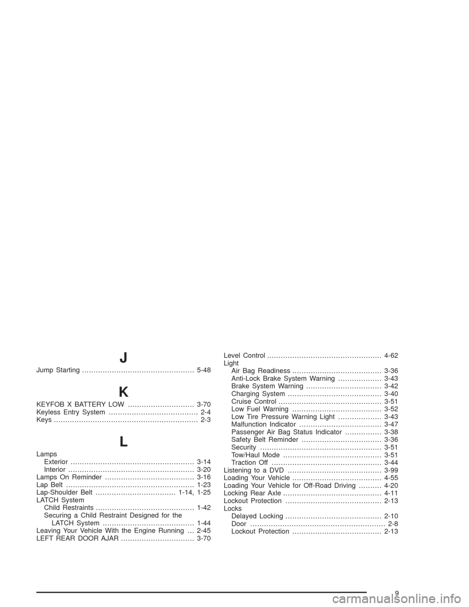 CHEVROLET AVALANCHE 2004 1.G Repair Manual J
Jump Starting.................................................5-48
K
KEYFOB X BATTERY LOW.............................3-70
Keyless Entry System....................................... 2-4
Keys.......