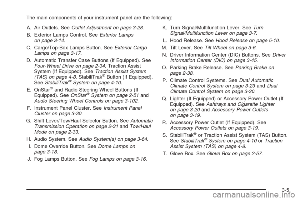 CHEVROLET AVALANCHE 2005 1.G Owners Manual The main components of your instrument panel are the following:
A. Air Outlets. SeeOutlet Adjustment on page 3-28.
B. Exterior Lamps Control. SeeExterior Lamps
on page 3-14.
C. Cargo/Top-Box Lamps But