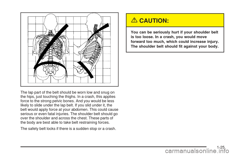 CHEVROLET AVALANCHE 2005 1.G Owners Manual The lap part of the belt should be worn low and snug on
the hips, just touching the thighs. In a crash, this applies
force to the strong pelvic bones. And you would be less
likely to slide under the l