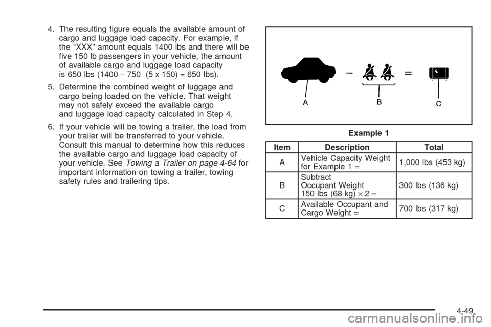 CHEVROLET AVALANCHE 2005 1.G Owners Manual 4. The resulting �gure equals the available amount of
cargo and luggage load capacity. For example, if
the “XXX” amount equals 1400 lbs and there will be
�ve 150 lb passengers in your vehicle, the