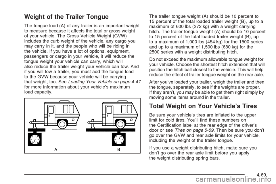 CHEVROLET AVALANCHE 2005 1.G Owners Manual Weight of the Trailer Tongue
The tongue load (A) of any trailer is an important weight
to measure because it affects the total or gross weight
of your vehicle. The Gross Vehicle Weight (GVW)
includes 