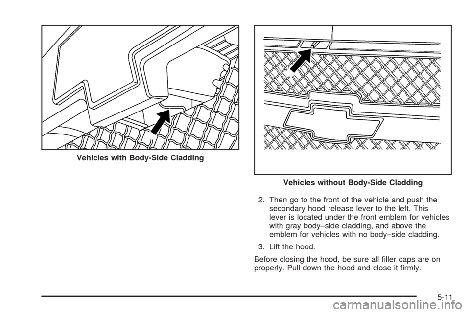 CHEVROLET AVALANCHE 2005 1.G Owners Manual 2. Then go to the front of the vehicle and push the
secondary hood release lever to the left. This
lever is located under the front emblem for vehicles
with gray body–side cladding, and above the
em