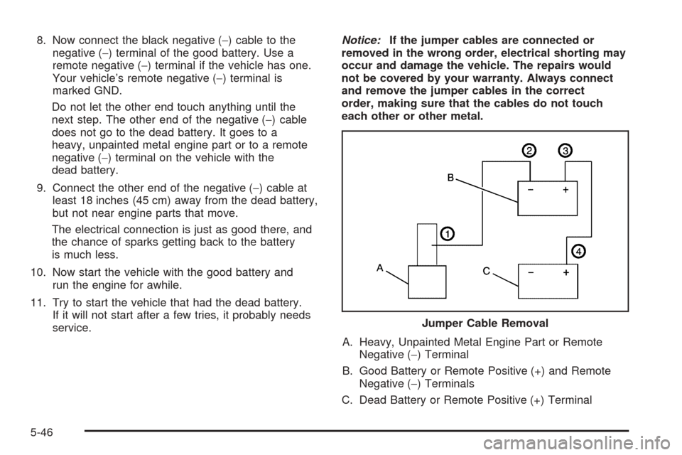 CHEVROLET AVALANCHE 2005 1.G Owners Manual 8. Now connect the black negative (−) cable to the
negative (−) terminal of the good battery. Use a
remote negative (−) terminal if the vehicle has one.
Your vehicle’s remote negative (−) te