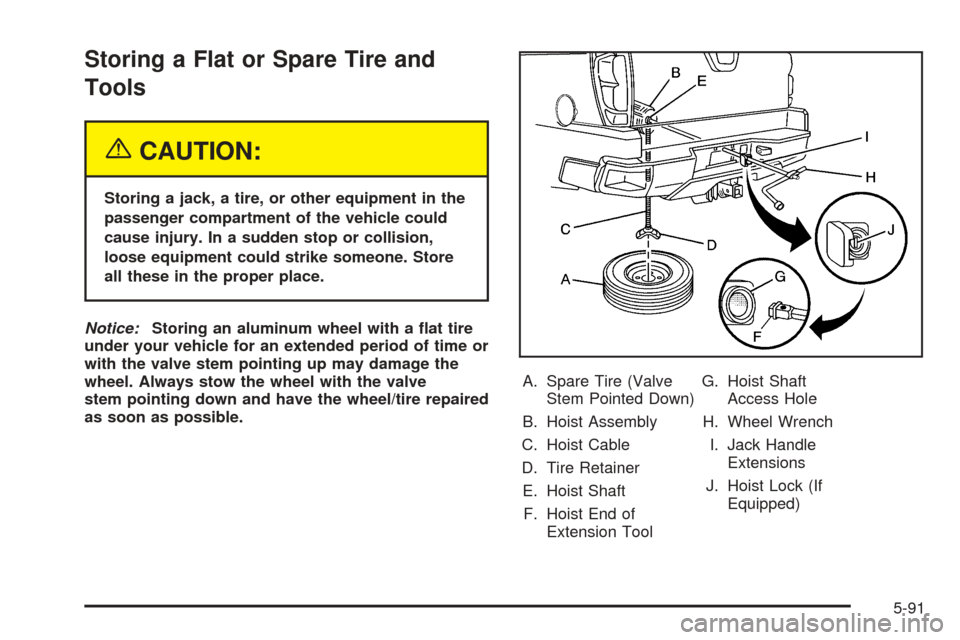 CHEVROLET AVALANCHE 2005 1.G Owners Manual Storing a Flat or Spare Tire and
Tools
{CAUTION:
Storing a jack, a tire, or other equipment in the
passenger compartment of the vehicle could
cause injury. In a sudden stop or collision,
loose equipme