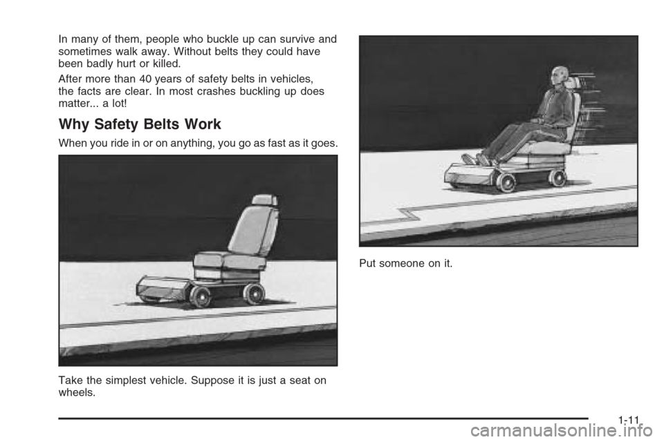 CHEVROLET AVALANCHE 2006 1.G Owners Manual In many of them, people who buckle up can survive and
sometimes walk away. Without belts they could have
been badly hurt or killed.
After more than 40 years of safety belts in vehicles,
the facts are 