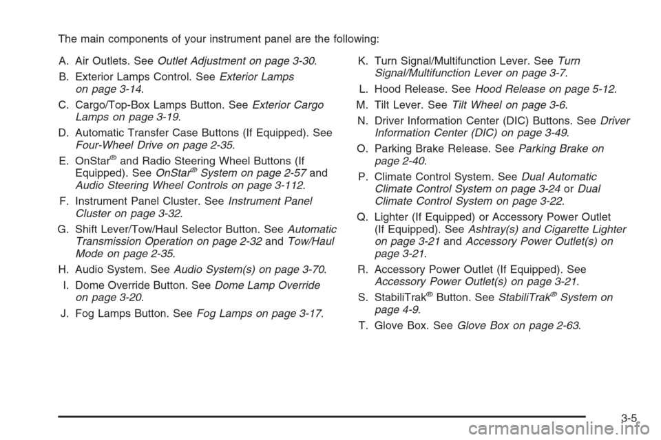 CHEVROLET AVALANCHE 2006 1.G Owners Manual The main components of your instrument panel are the following:
A. Air Outlets. SeeOutlet Adjustment on page 3-30.
B. Exterior Lamps Control. SeeExterior Lamps
on page 3-14.
C. Cargo/Top-Box Lamps But