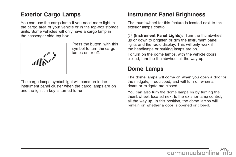 CHEVROLET AVALANCHE 2006 1.G User Guide Exterior Cargo Lamps
You can use the cargo lamp if you need more light in
the cargo area of your vehicle or in the top-box storage
units. Some vehicles will only have a cargo lamp in
the passenger sid