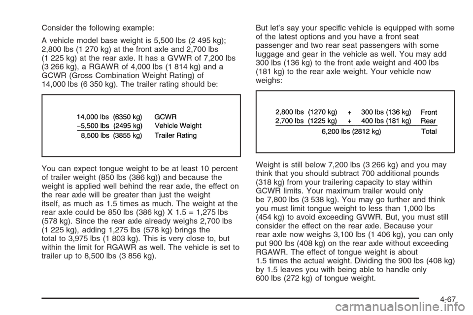 CHEVROLET AVALANCHE 2006 1.G Owners Manual Consider the following example:
A vehicle model base weight is 5,500 lbs (2 495 kg);
2,800 lbs (1 270 kg) at the front axle and 2,700 lbs
(1 225 kg) at the rear axle. It has a GVWR of 7,200 lbs
(3 266
