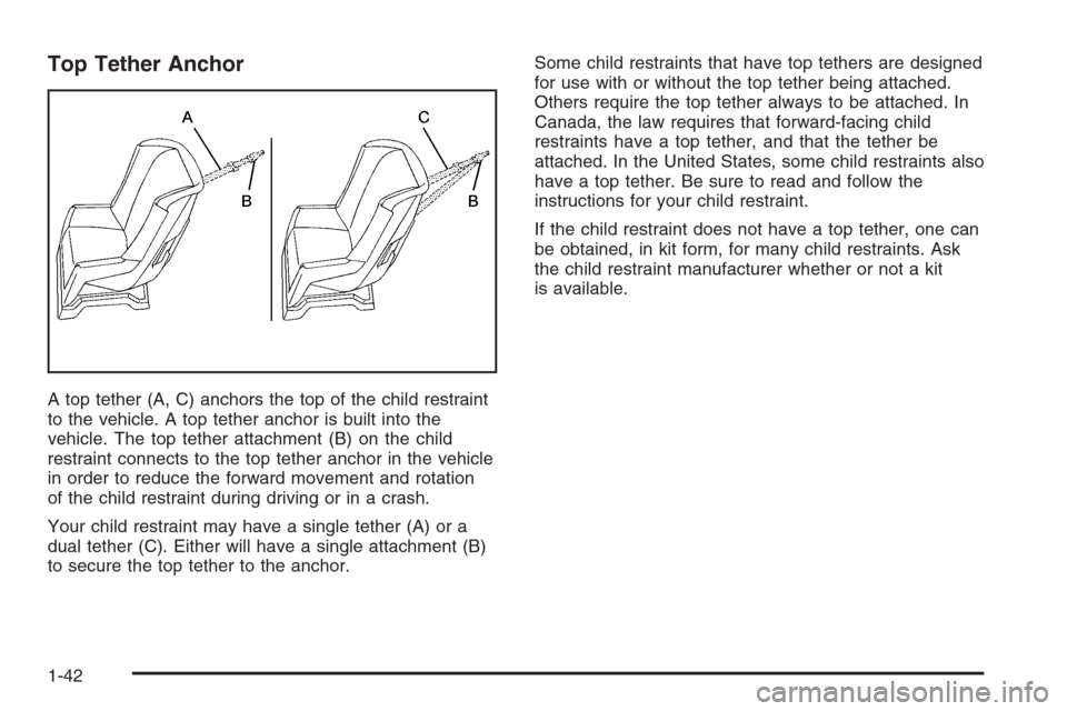 CHEVROLET AVALANCHE 2006 1.G Service Manual Top Tether Anchor
A top tether (A, C) anchors the top of the child restraint
to the vehicle. A top tether anchor is built into the
vehicle. The top tether attachment (B) on the child
restraint connect