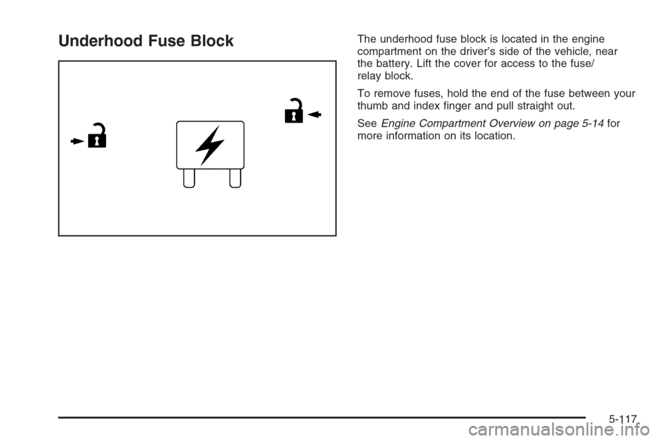 CHEVROLET AVALANCHE 2006 1.G Owners Manual Underhood Fuse BlockThe underhood fuse block is located in the engine
compartment on the driver’s side of the vehicle, near
the battery. Lift the cover for access to the fuse/
relay block.
To remove