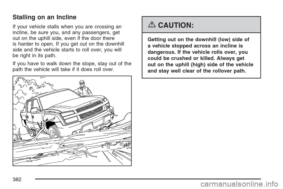 CHEVROLET AVALANCHE 2007 2.G Owners Manual Stalling on an Incline
If your vehicle stalls when you are crossing an
incline, be sure you, and any passengers, get
out on the uphill side, even if the door there
is harder to open. If you get out on CHEVROLET AVALANCHE 2007 2.G Owners Manual Stalling on an Incline
If your vehicle stalls when you are crossing an
incline, be sure you, and any passengers, get
out on the uphill side, even if the door there
is harder to open. If you get out on