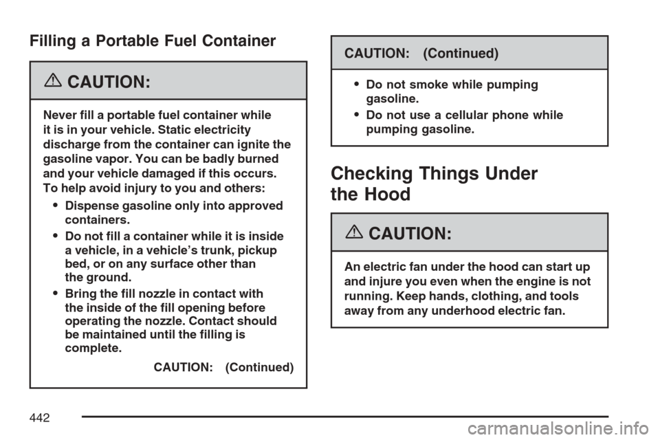 CHEVROLET AVALANCHE 2007 2.G Owners Manual Filling a Portable Fuel Container
{CAUTION:
Never �ll a portable fuel container while
it is in your vehicle. Static electricity
discharge from the container can ignite the
gasoline vapor. You can be b