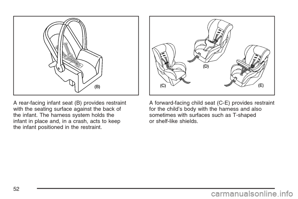 CHEVROLET AVALANCHE 2007 2.G Workshop Manual A rear-facing infant seat (B) provides restraint
with the seating surface against the back of
the infant. The harness system holds the
infant in place and, in a crash, acts to keep
the infant position