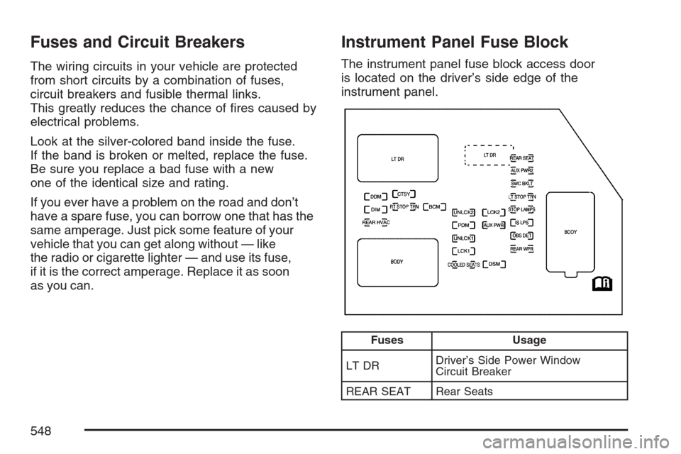 CHEVROLET AVALANCHE 2007 2.G Owners Manual Fuses and Circuit Breakers
The wiring circuits in your vehicle are protected
from short circuits by a combination of fuses,
circuit breakers and fusible thermal links.
This greatly reduces the chance 