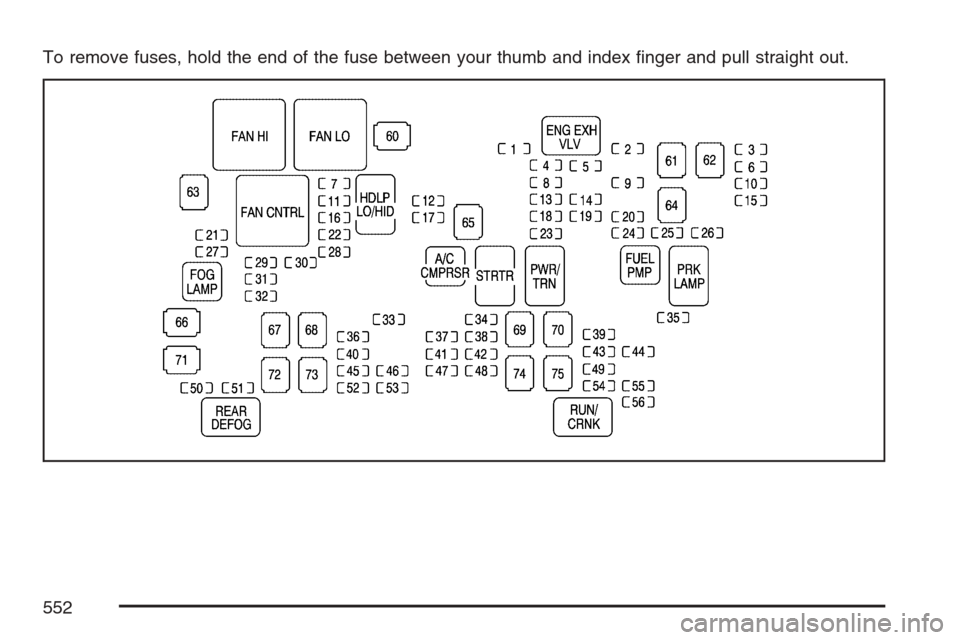 CHEVROLET AVALANCHE 2007 2.G Owners Manual To remove fuses, hold the end of the fuse between your thumb and index �nger and pull straight out.
552 