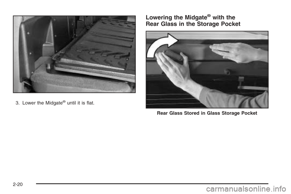 CHEVROLET AVALANCHE 2008 2.G Owners Manual 3. Lower the Midgate®until it is �at.
Lowering the Midgate®with the
Rear Glass in the Storage Pocket
Rear Glass Stored in Glass Storage Pocket
2-20 