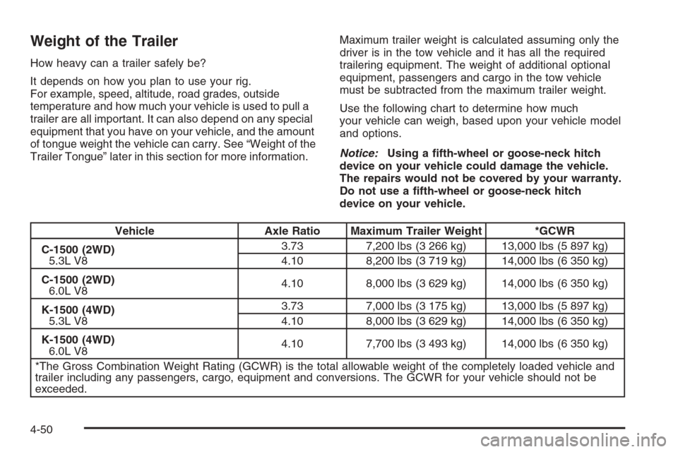 CHEVROLET AVALANCHE 2008 2.G Owners Manual Weight of the Trailer
How heavy can a trailer safely be?
It depends on how you plan to use your rig.
For example, speed, altitude, road grades, outside
temperature and how much your vehicle is used to