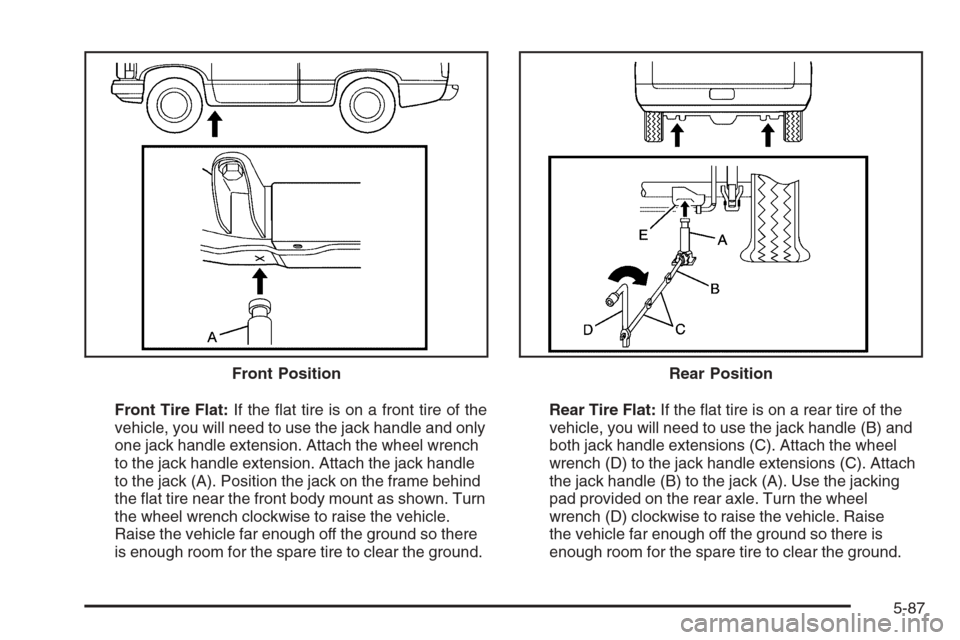 CHEVROLET AVALANCHE 2008 2.G Owners Manual Front Tire Flat:If the �at tire is on a front tire of the
vehicle, you will need to use the jack handle and only
one jack handle extension. Attach the wheel wrench
to the jack handle extension. Attach