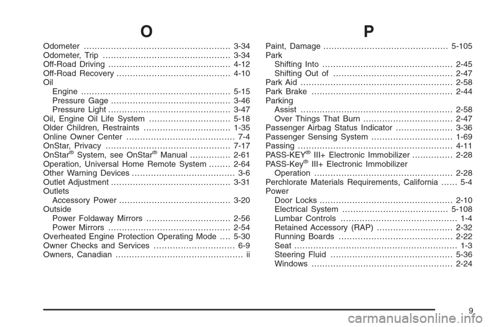 CHEVROLET AVALANCHE 2008 2.G Owners Guide O
Odometer......................................................3-34
Odometer, Trip...............................................3-34
Off-Road Driving.............................................4-12